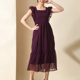IUGA Self Design Square Neck Flutter Sleeve Fit & Flare Midi Dress-picture-4