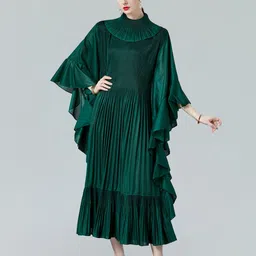 JC Collection Self Design Mock Neck Flared Sleeves Tiered & Pleated A-Line Midi Dress-image-89