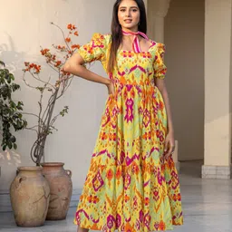 Ambraee Abstract Printed Flared Flutter Sleeve A-Line Midi Dress image 1
