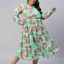 AURELIA Plus Size Floral Print Puff Sleeve A-Line Midi Dress-picture-18