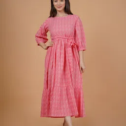 INDIANIC Ethnic Print Puff Sleeves Tiered Cotton A-Line Midi Dress-image-31
