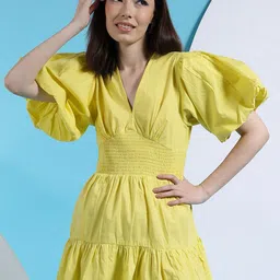 Freehand by The Indian Garage Co Yellow V-Neck Puff Sleeve Smocked A-Line Cotton Midi Dress-image-61