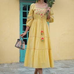 Juniper Floral Embroidered Puff Sleeve A-Line Midi Cotton Dress-image-57