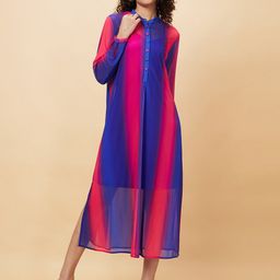 Globus Colourblocked Semi Sheer Net A-Line Midi Dress With Slip-image-2