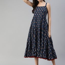 Divena Navy Blue Ethnic Motifs A-Line Cotton Midi Dress-31