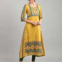 AURELIA Yellow Ethnic Motifs A-Line Midi Dress-image-45