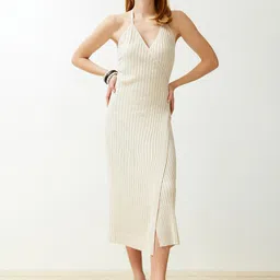 Trendyol Self Design Shoulder Straps Acrylic Midi Wrap Dress-picture-8