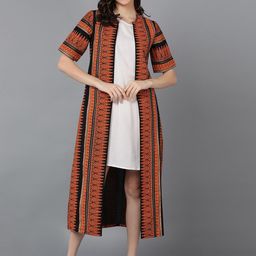 ZNX Clothing Ethnic Motifs Printed A-Line Midi Cotton Dress With Jacket-image-66