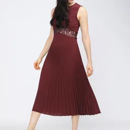 Tokyo Talkies Maroon Striped A-Line Midi Dress-image-34