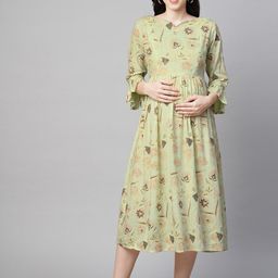 MomToBe Floral Printed Bell Sleeve Maternity A-Line Midi Sustainable Dress-image-88