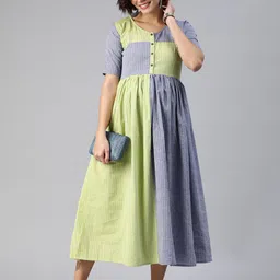 Swishchick Striped Maternity Colourblocked A-Line Midi Dress-image-25