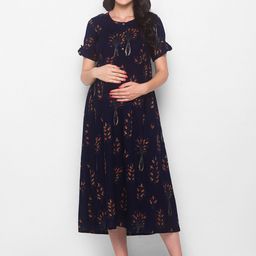 AV2 Navy Blue & Coral Floral Maternity A-Line Midi Dress-image-46