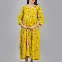 Negen Floral Printed Cotton V-Neck Cotton Maternity Fit and Flare Midi Dress-image-96