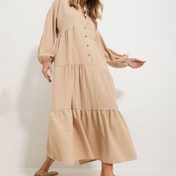 Trend Alacati stili Mandarin Collar Cuffed Sleeves Gathered Tiered Maxi A-Line Dress-image-97