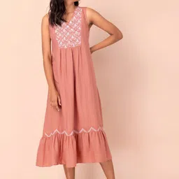 Rang by Indya Orange Floral Embroidered A-Line Midi Dress-image-59