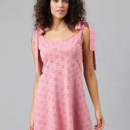 ANAI Self Design Square Neck Shoulder Straps Cotton Schiffli A-Line Mini Dress-picture-17