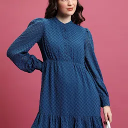 Tokyo Talkies Blue Self Design Cuffed Sleeves Fit & Flare Mini Dress-image-19