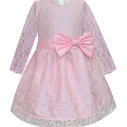 A T U N Pink  Full Sleeves Lace Bow Dress-picture-8