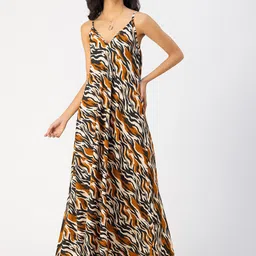 Moomaya V Neck Shoulder Strap Animal Print Maxi Dress-11