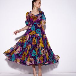 VERB BY PALLAVI SINGHEE Floral Print Puff Sleeves PLeated Fit & Flare Maxi Dress-image-17