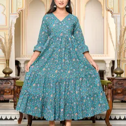 GULAB CHAND TRENDS Floral Printed Bell Sleeves Tiered Cotton Maxi Ethnic Dresses-image-60