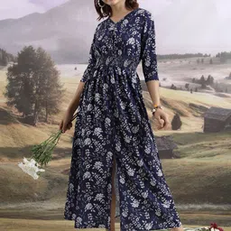 Tokyo Talkies Navy Blue Floral Printed Smocked Fit and Flare Midi Dress-image-40