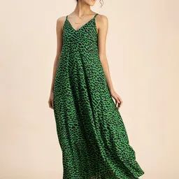Moomaya Animal Printed V Neck Sleeveless A-Line Maxi Dress-picture-31