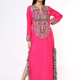 Payal Singhal Pink Mukaish Silk Embroidered Yoke Beyza Kaftan-image-3