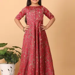 Ethnovog Girls Ethnic Motifs Printed Round Neck Gathered Silk Maxi Dress-image-10