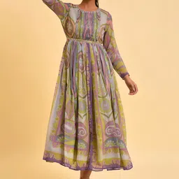 W Grey & Olive Embellished Ethnic Motifs Printed Fit & Flare Maxi Dress-image-58