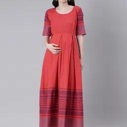 Swishchick Round Neck Short Sleeves Geometric Print Flared Maternity Maxi Dress-image-31