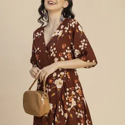 Moomaya V-Neck Floral Printed High-Low Midi Wrap Dress-image-12