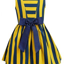 A T U N Mustard Yellow & Navy Blue Striped Crepe Dress-image-21