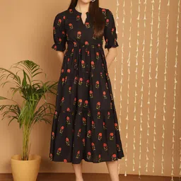 KALINI Floral Printed Mandarin Collar Gathered Tiered Cotton Fit & Flare Midi Dress-picture-54