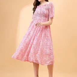 all about you Floral Print Puff Sleeve Georgette Empire Midi Dress-image-57