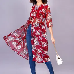 HIGHLIGHT FASHION EXPORT Floral Printed Round Neck High Slit Fusion Kurta-picture-12