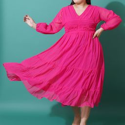 U&F Beyond Plus Size Self Design V-Neck Puff Sleeve Georgette Tiered Fit & Flare Dress-picture-7