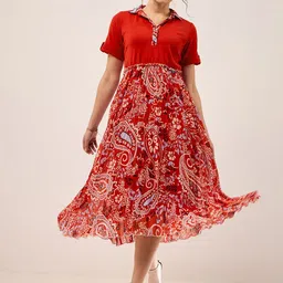 Antheaa Red Ethnic Motifs Printed Shirt Collar Roll-Up Sleeves Pleated A-Line Midi Dress-picture-15