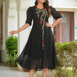 IKRASS Women Floral Embroidered Puff Sleeves A-Line Midi Dress-picture-42