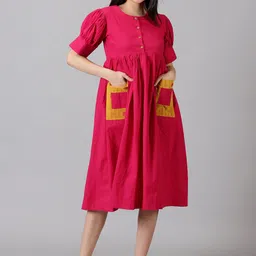 Jilmil Checked Puff Sleeves Gathered Pocket Detailing Cotton Empire Midi Dress-picture-40