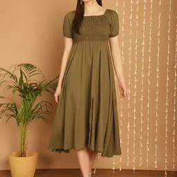 Aawari Square Neck Puff Sleeve Smocked Fit & Flare Midi Dress-image-70
