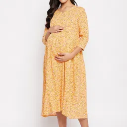 Hypernation Women Yellow Floral Maternity A-Line Midi Dress-image-43