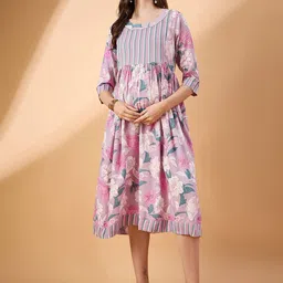 BAESD Floral Printed Maternity Flared Empire Round Neck Cotton Midi Dress-picture-48