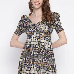 IQRAAR Women Black Geometric Printed Wrap Dress-image-71