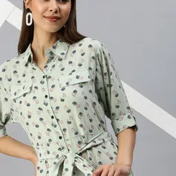 SHOWOFF Green Floral Shirt Midi Dress-image-44