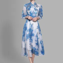 JC Collection Women Blue & White Floral Tie-Up Neck Shirt Midi Dress-picture-57