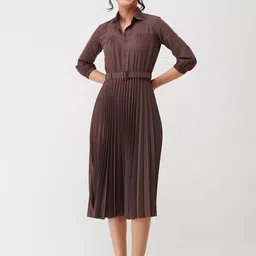 AASK Coffee Striped Crepe Shirt Midi Dress-picture-49