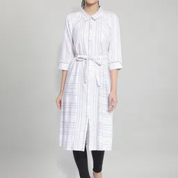 AURELIA White & Grey Striped Shirt Midi Dress With Waist Tie Up-9