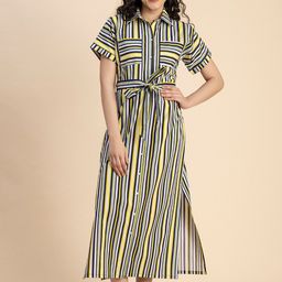 Moomaya Striped Cotton Straight Shirt Midi Dress-image-14