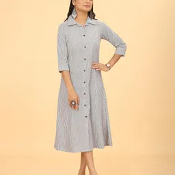 Kesudi Striped Print Shirt Collar Three-Quarter Sleeves Cotton Shirt Midi Dress-image-35